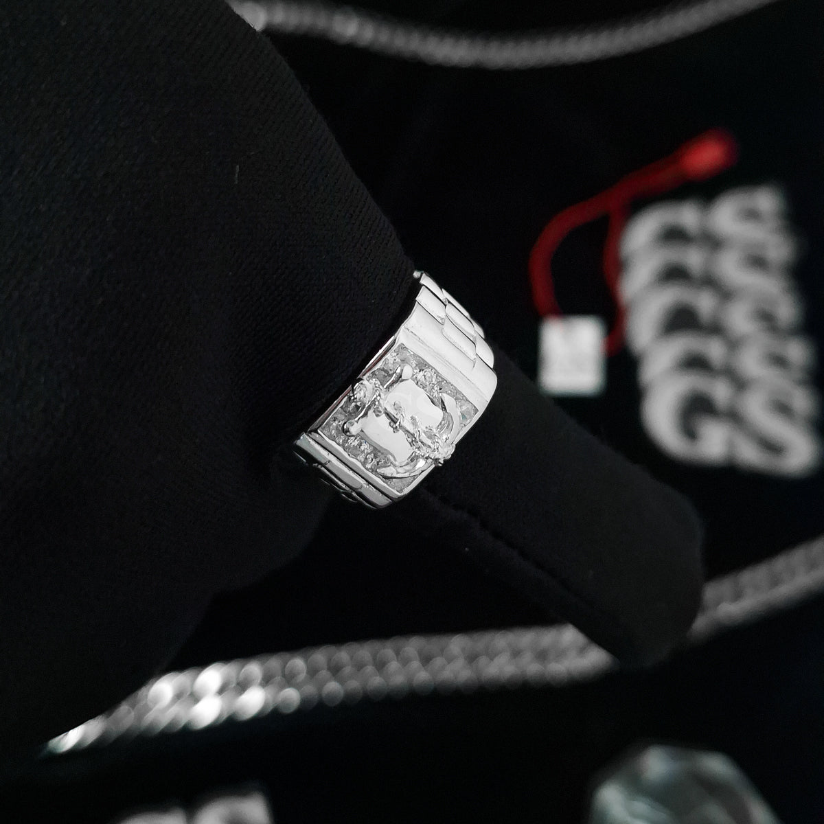 Silver Iced Anchor Signet Ring