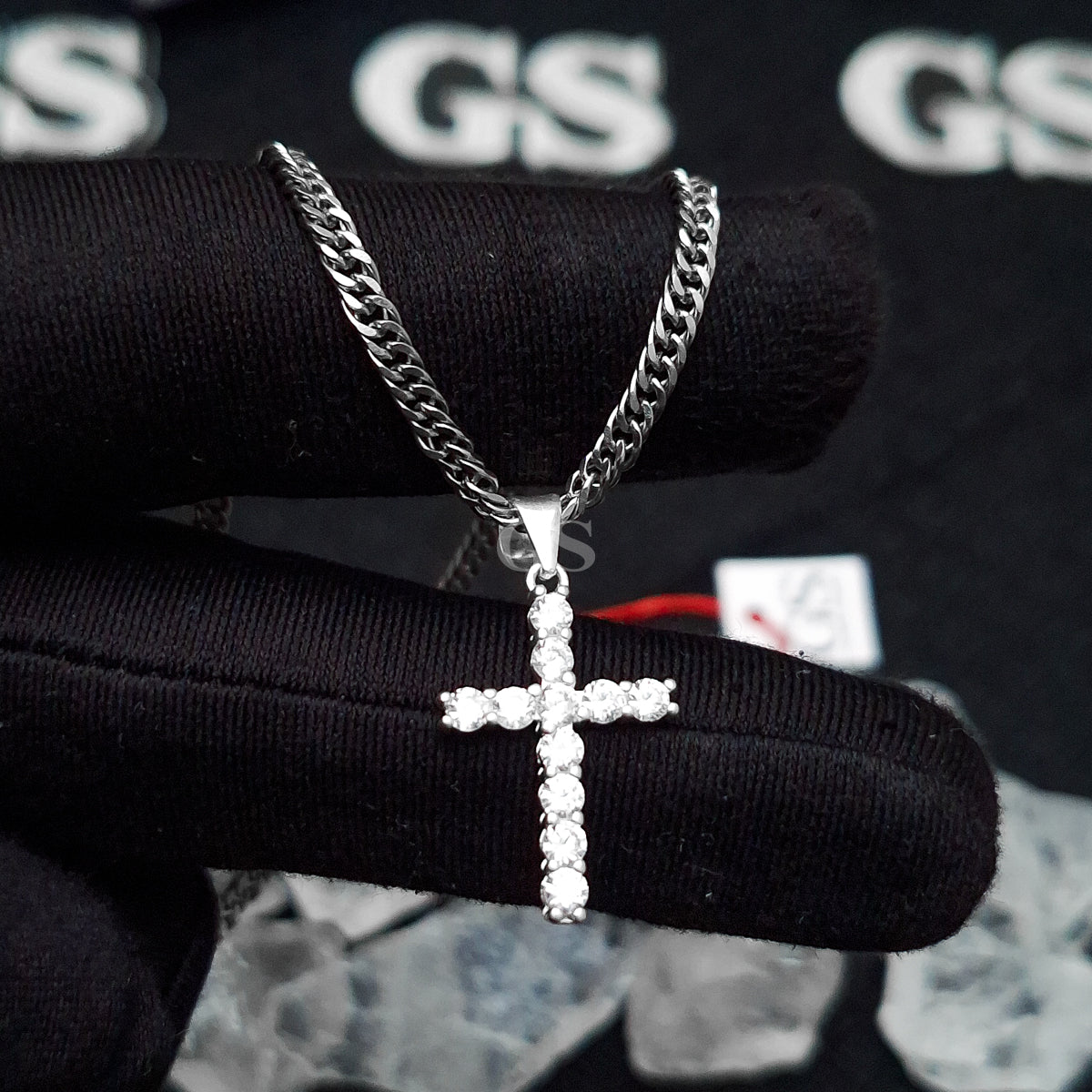 Silver Iced Out Cross Necklace Set