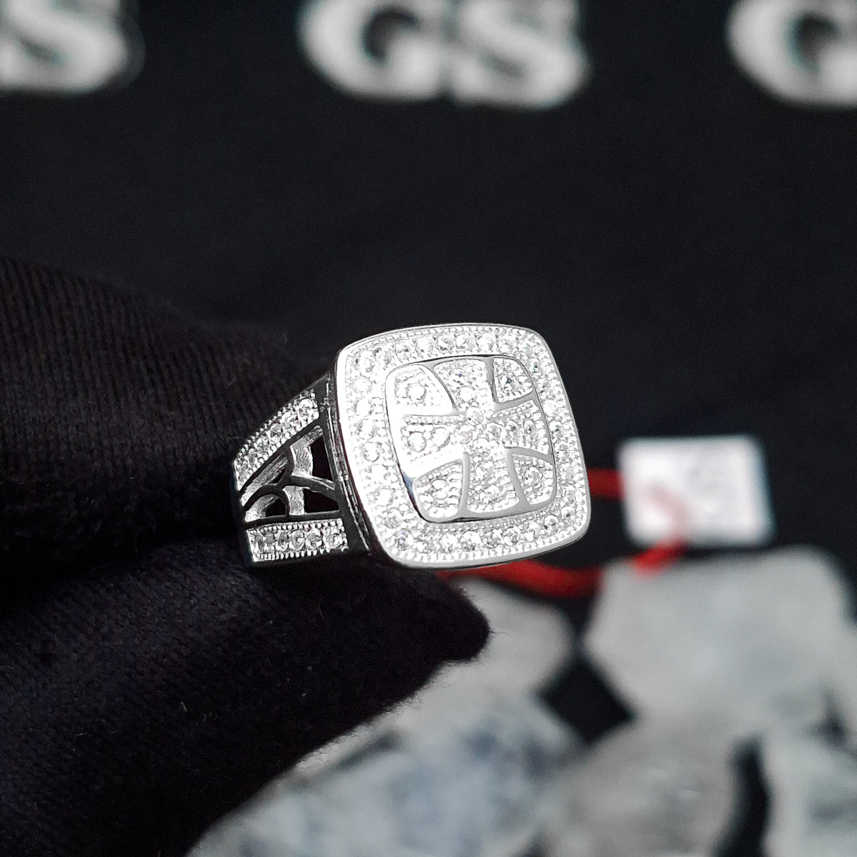Silver Iced Roman Cross Ring