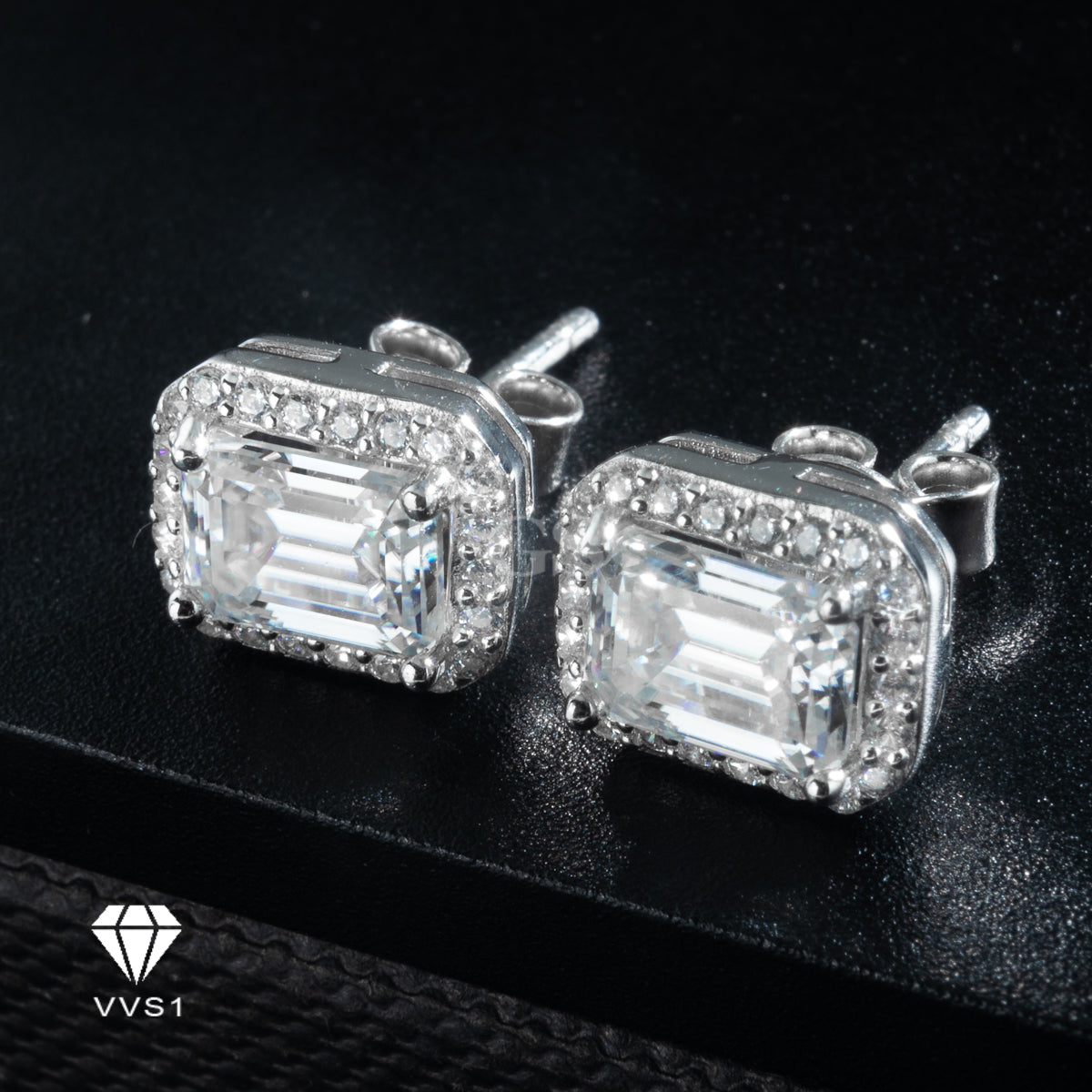 Moissanite Silver Emerald Cut Stud
