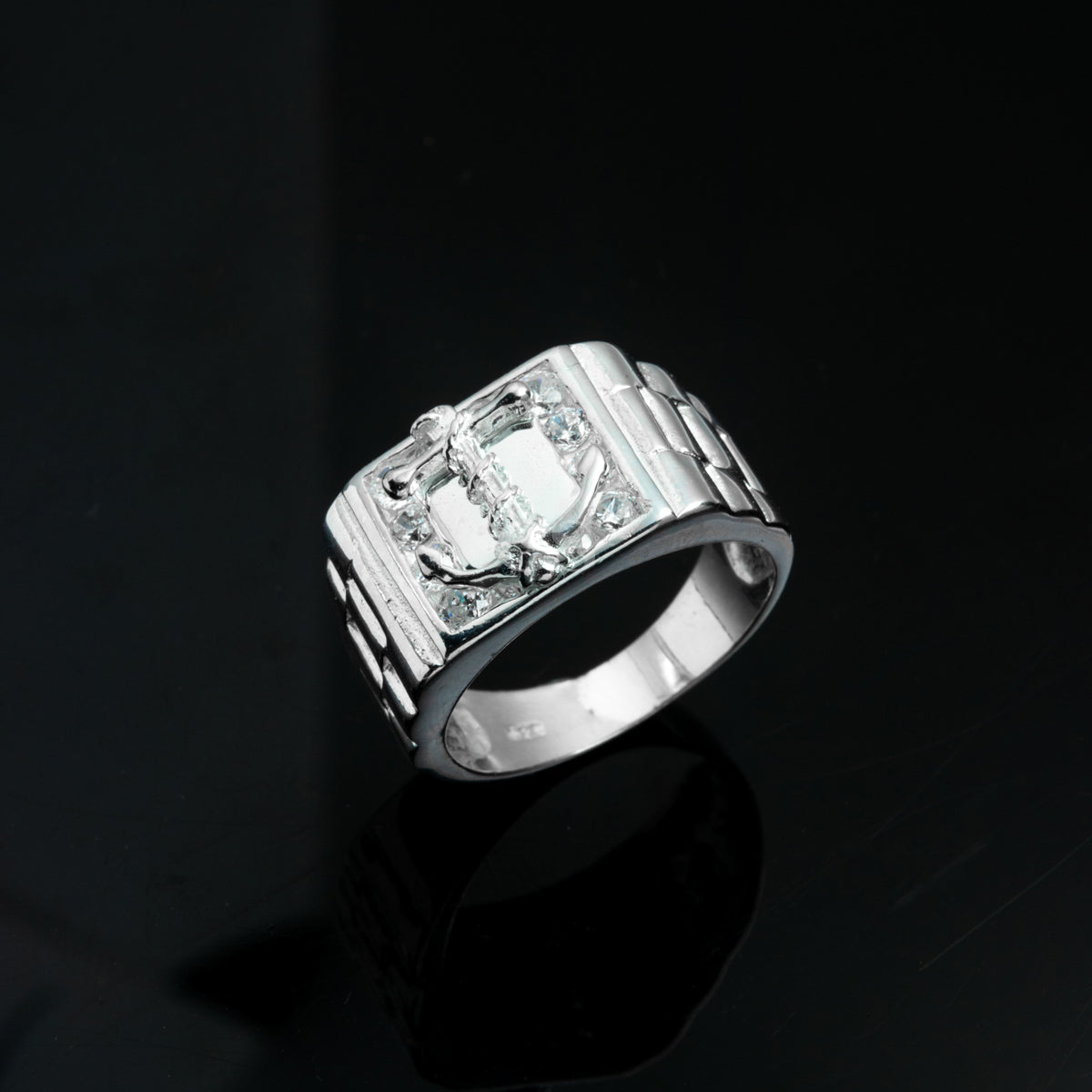 Silver Iced Anchor Signet Ring