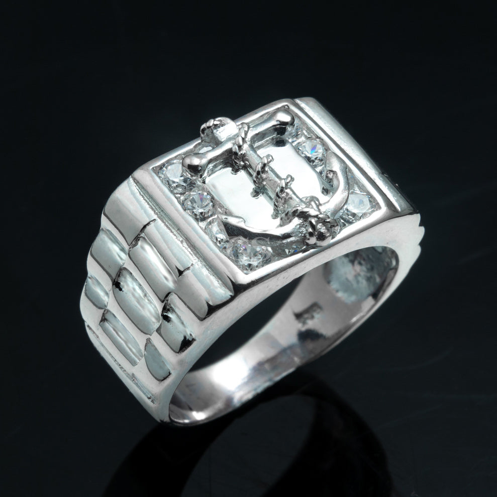 Silver Iced Anchor Signet Ring