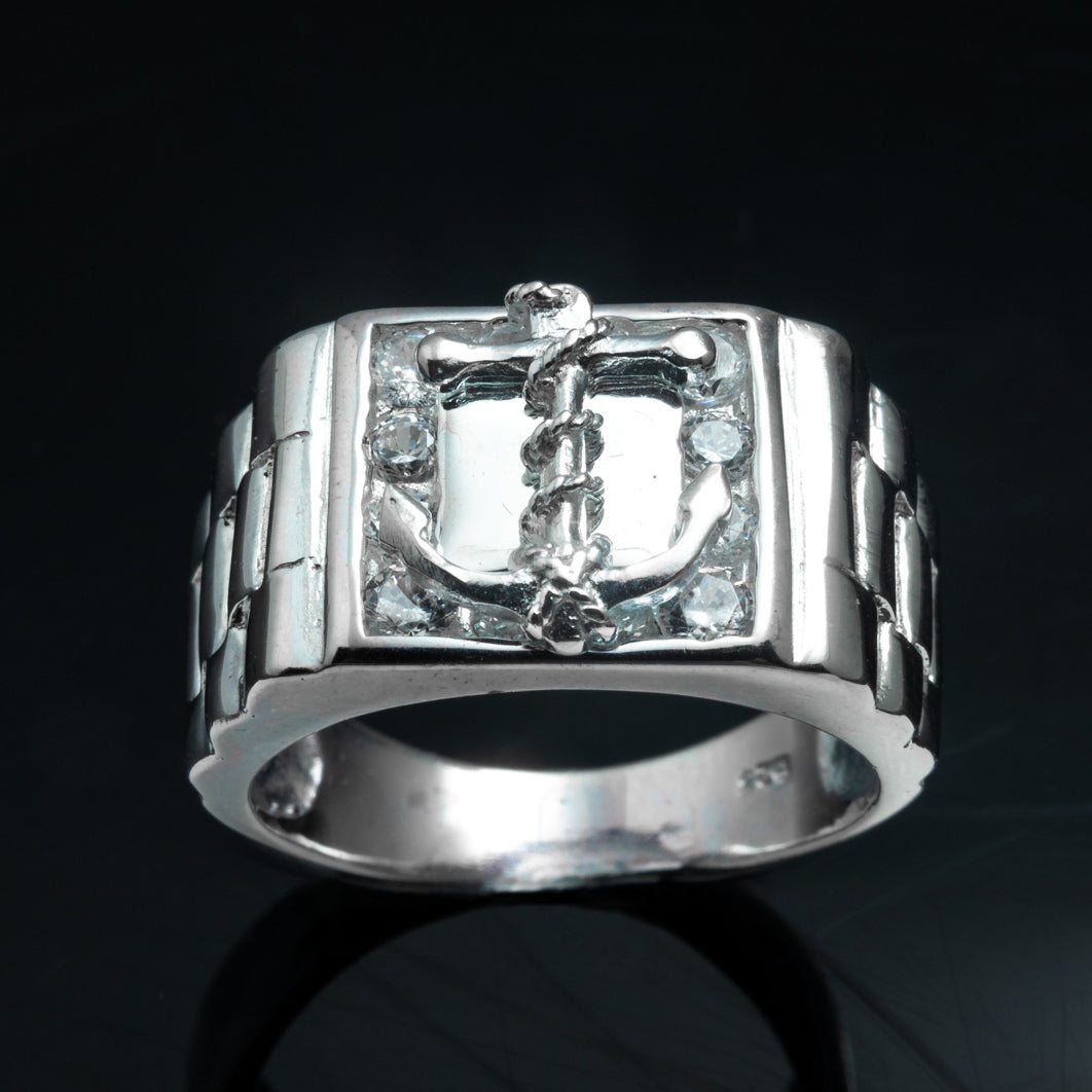 Silver Iced Anchor Signet Ring