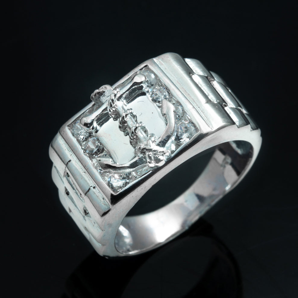 Silver Iced Anchor Signet Ring