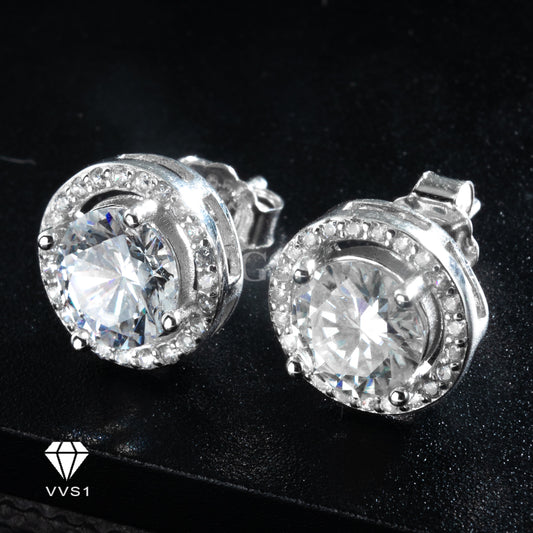 Moissanite Silver Round Frame Stud