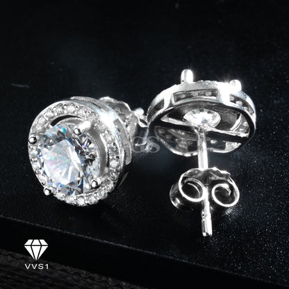 Moissanite Silver Round Frame Stud