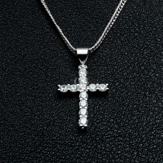 Silver Iced Out Cross Necklace Set