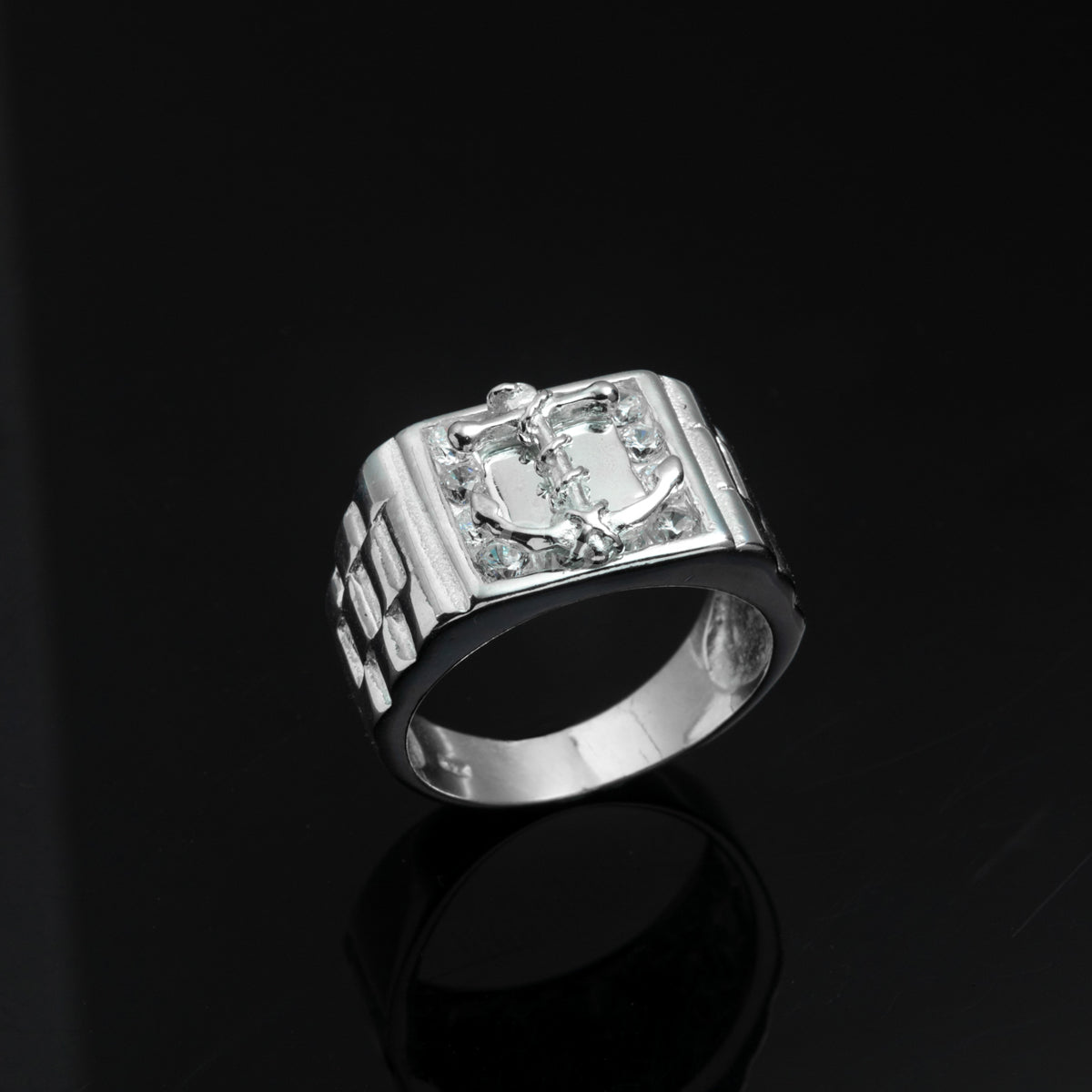 Silver Iced Anchor Signet Ring