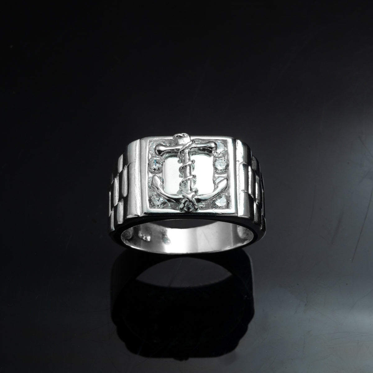 Silver Iced Anchor Signet Ring