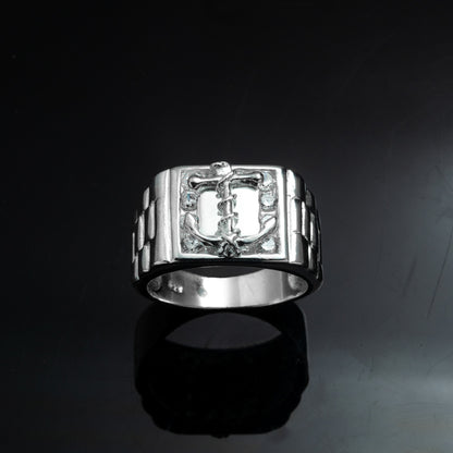 Silver Iced Anchor Signet Ring