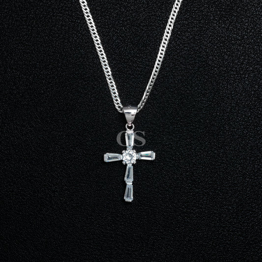 Silver Iced Emerald Cross Pendant