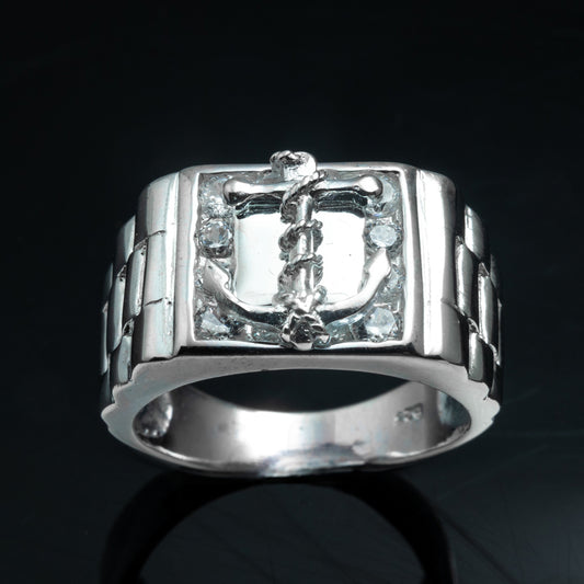 Silver Iced Anchor Signet Ring